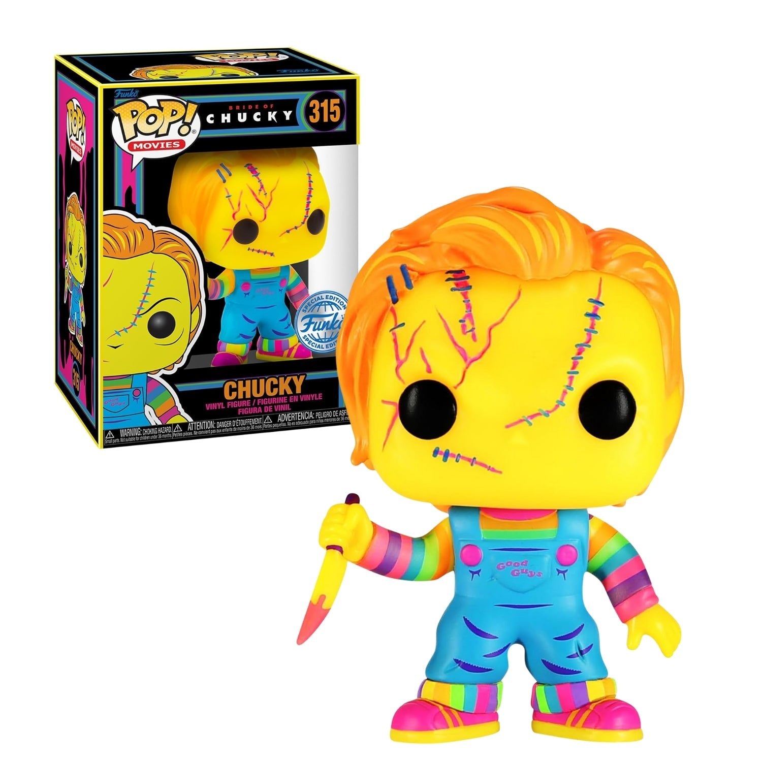 Funko Pop! Chucky (Boneco Assassino) 315 (Exclusive Edition Black Light) - Geek Plus